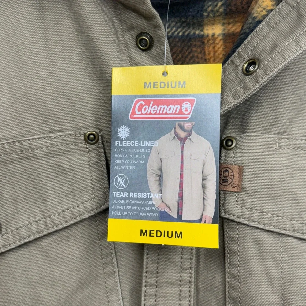 Coleman Mens Canvas Sherpa Lined Flannel Shirt Jacket Tan‎ Workwear Size M